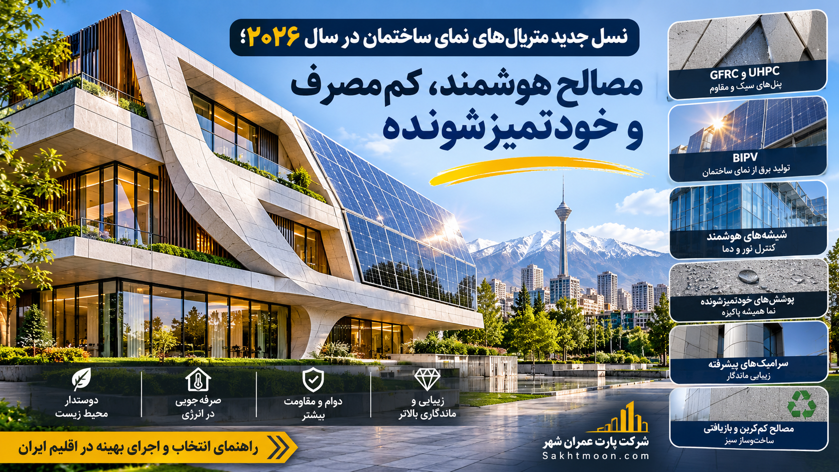 نمای یک ساختمان مدرن با پنل‌های GFRC و UHPC، شیشه هوشمند و پنل‌های فتوولتائیک؛ معرفی متریال‌های نوین نمای ساختمان